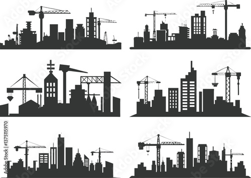 Construction Site Silhouettes with Cranes and City Buildings – Vector Set