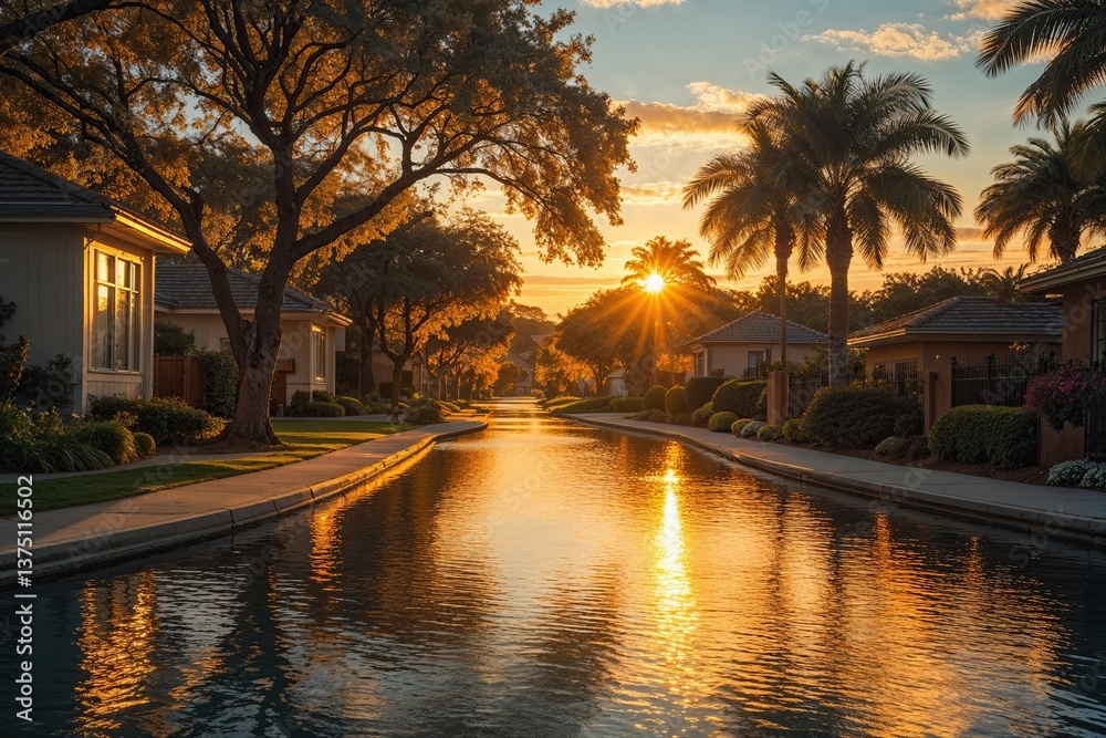 Naklejka premium Charming Neighborhood with Shimmering Golden Light at Sunset in a Tranquil Setting
