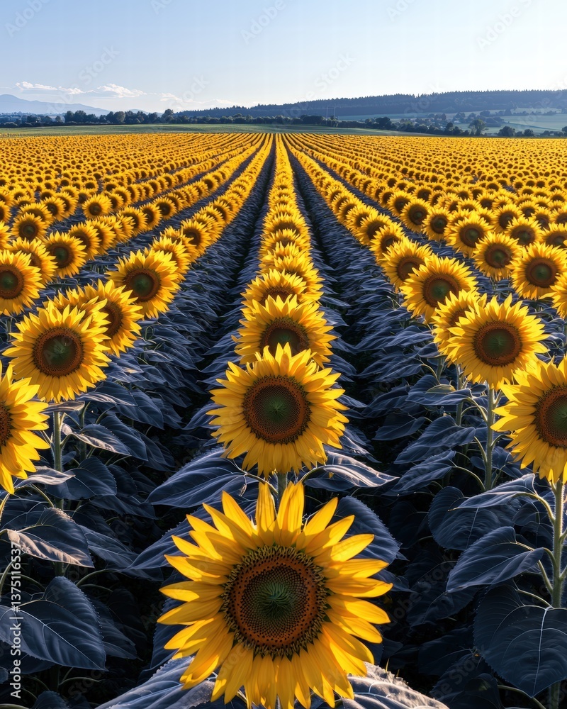 Obraz premium Vibrant field of sunflowers reaching for the sun creating a stunning landscape of bright yellow