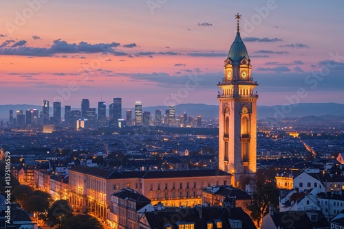 Stunning Dawn View of Elegant Tower and Scenic City Skyline