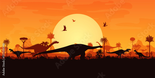 Prehistoric dinosaurs silhouettes on sunset landscape with trees and plants. Vector background with terrain dino species and flying pterosaur shadows in front of the large orange sun in a dusk sky