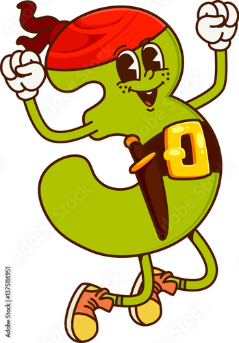 Groovy number 3 pirate or Caribbean corsair character, cartoon vector numeral. Funny groovy math number Three 3 as pirate sailor in boatswain bandana with funky happy face as pirate cartoon character