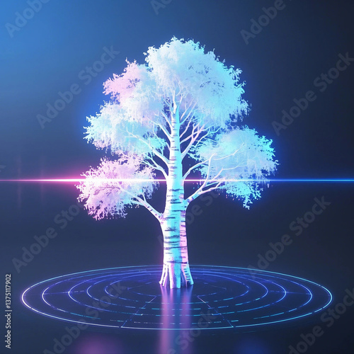 A tree is surrounded by a circle of water, with a blue and purple background. The tree is illuminated by neon lights, giving it a surreal and otherworldly appearance