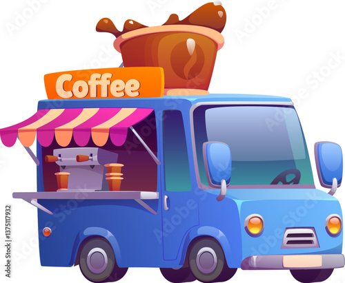 Cartoon coffee food truck, vintage festival street foodtruck van with giant cup on top, serving hot beverages. Mobile cafe car, restaurant on wheels with open side panel revealing coffee machine