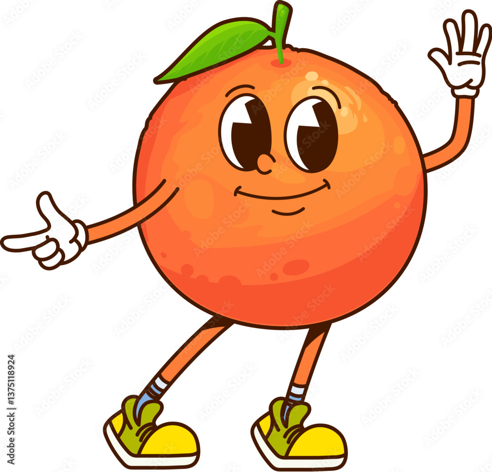 Obraz premium Cartoon funny groovy tropical orange fruit character. Isolated vector tropical tangerine mandarin citrus fruit personage with happy and joyful expression, flashing finger gun gesture with hippie vibe