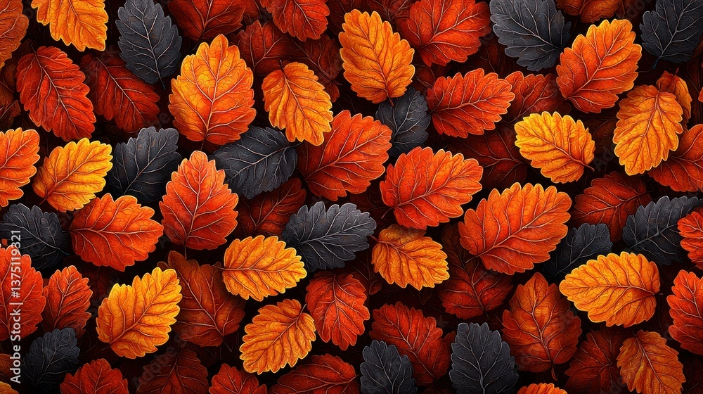 Fototapeta premium Autumnal Leaves: A vibrant tapestry of fall foliage in rich oranges and dark grays. A digital illustration showcasing the beauty of autumn's colors.