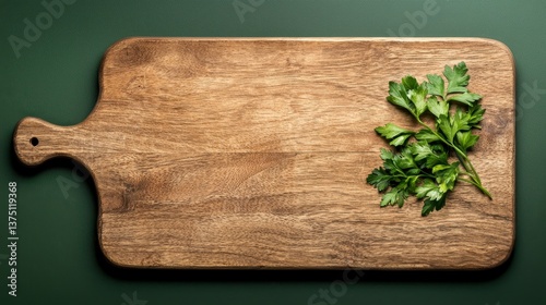 Rustic Wooden Cutting Board with Parsley Sprig on Dark Green Background