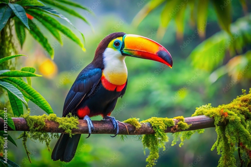 Obraz premium Vibrant toucan perched on a tree branch in a lush rainforest, showcasing its colorful beak and wild beauty
