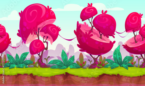 Seamless game landscape background with fairytale tropical forest, cartoon vector. Fairy tale magic fantasy game landscape with red mushroom trees or bizarre giant pink flowers in fantastic jungle