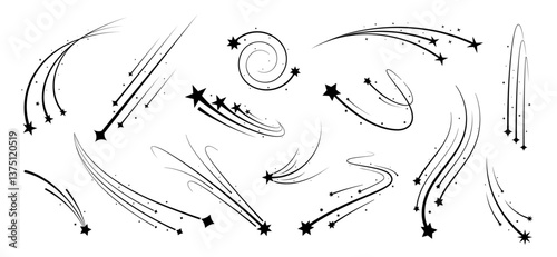 Shooting sky stars, meteors and comets with tails and speed trail lines, vector space galaxy, magic and fireworks. Shooting stars, falling down meteors and swirling comets with light tails, sparkles