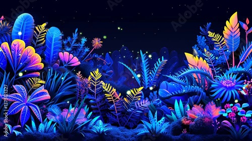 Glowing neon jungle filled with abstract tropical plants and fantasy leaves illuminated in colorful night forest scene. Fantasy environment concept

