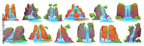 Cartoon waterfall water cascades set with mountains and jungle forest trees. Vector nature landscape scenery view of waterfalls, mountain river or stream cascades, blue water splashes, mist and drops