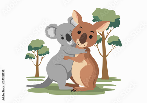 Hug an Australian Day Vector Design Featuring Koalas, Kangaroos, Australian Wildlife and Icons in Solid Colors for Celebrating Kindness, Friendship, and Australian Culture