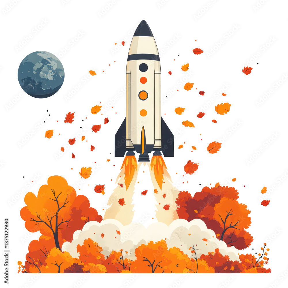 Fototapeta premium Futuristic cosmic exploration: A vibrant rocket ascends through autumnal foliage