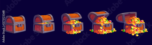 Cartoon pirate treasure chest animated game sprite sheet effect, vector animation VFX. Pirate treasure chest closed and opening animated effect or sprite sheet for box with gold coins and gemstones