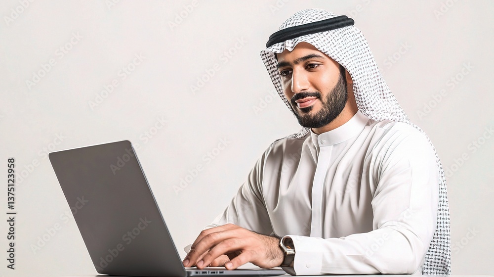Confident Middle Eastern Man Working on Laptop in Modern Setting Confident Middle Eastern Man Working on Laptop in Modern Setting