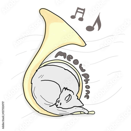 hand drawn illustration of cat and mellophone