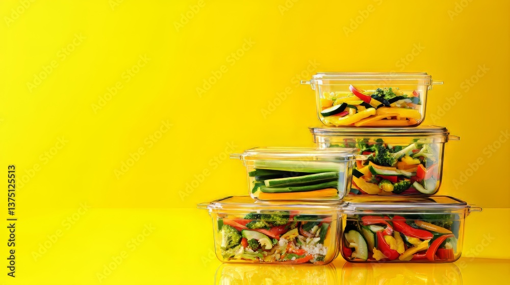 Stacked containers filled with fresh vegetables create a colorful and healthy food storage solution. Stacked containers filled with fresh vegetables create a colorful and healthy food storage solution.