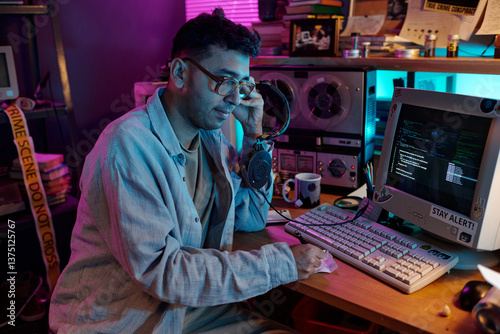 Male hacker with headphones writing on piece of paper when listening to old tape recording and decoding data at wooden table with retro computer