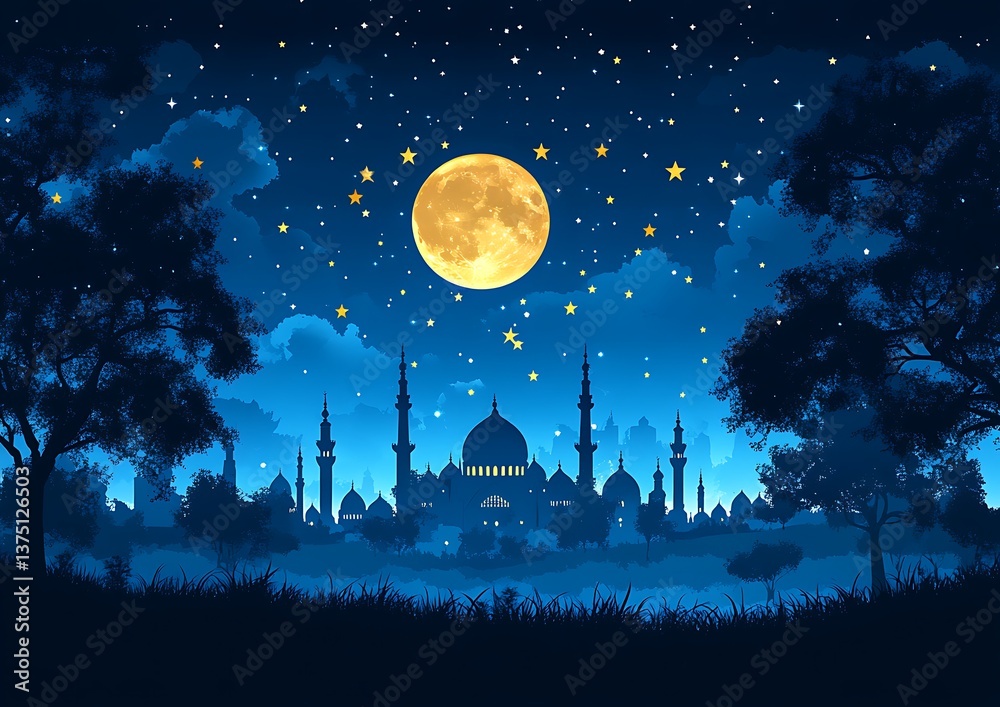 Naklejka premium Night Mosque with Full Moon, and Stars.
