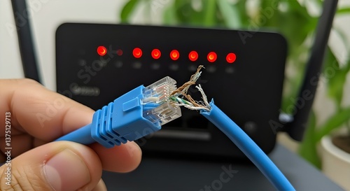 Damaged Ethernet Cable: Broken RJ45 Connector & Exposed Wires in Front of Router - Network Connectivity Issues, Repair Needed, Blue Cable Close-Up