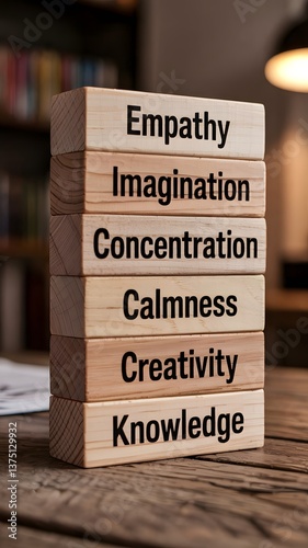 Stack of wooden blocks with words like empathy, imagination, concentration, calmness, creativity, and knowledge symbolizing important skills for personal and professional growth
 photo