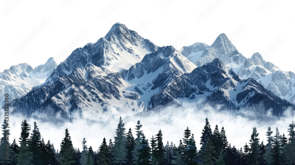 Majestic Peaks: A panoramic view of towering snow-capped mountains piercing through a wispy layer of clouds, with a foreground of dense pine trees, portraying a scene of natural majesty. Majestic Peaks: A panoramic view of towering snow-capped mountains piercing through a wispy layer of clouds, with a foreground of dense pine trees, portraying a scene of natural majesty.