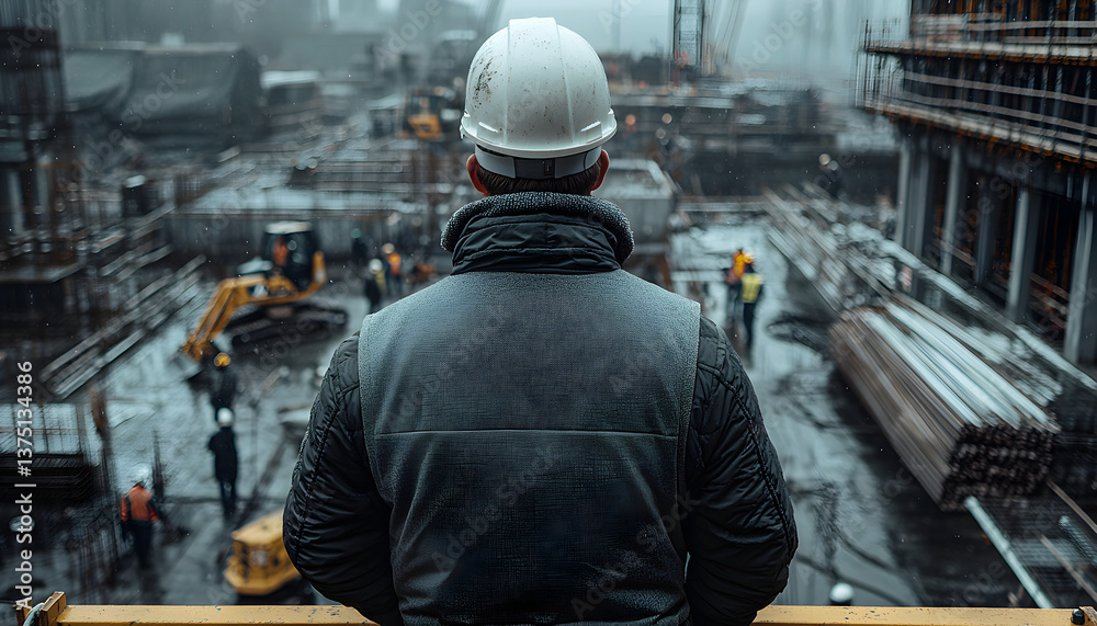 Construction Worker in Rain at Urban Construction Site Construction Worker in Rain at Urban Construction Site