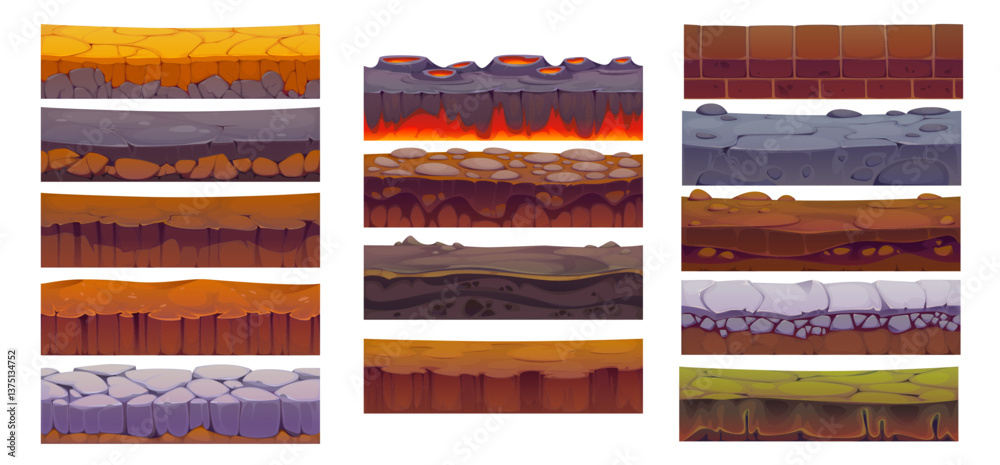 Soil ground seamless level surface game asset. Vector set of cartoon landscape layers, textures of lava, paved road, green field and desert cross section view. Textured gui background templates