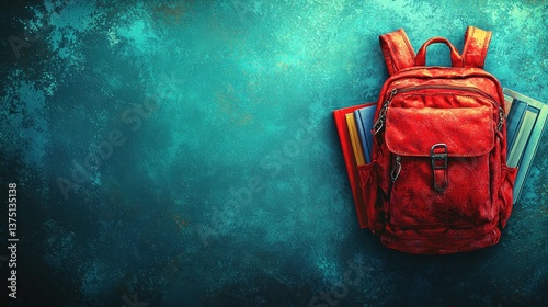 A vibrant red school backpack, laden with colorful textbooks, rests against a classic chalkboard backdrop, symbolizing a fresh and exciting new academic year. A blank space invites the addition 