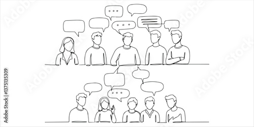 people communicating to each other in speech bubbles continuous single line art drawing sketch on white background