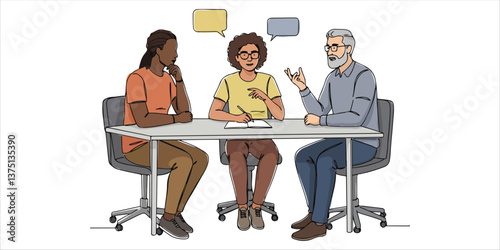 people at a desk having a discussion with speech bubbles over their heads continuous single line art drawing sketch on white background 