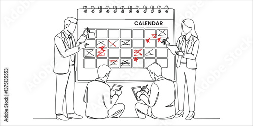 people in business outfits making notes on a calendar with tasks continuous single line art drawing sketch on white background