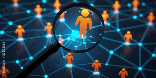 Digital network with a magnifying glass highlighting a single user icon, symbolizing targeted search, data mining, cybersecurity, and artificial intelligence in modern technology


