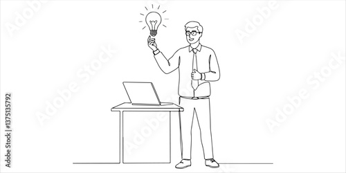 office worker presenting his idea with a light bulb continuous single line art drawing sketch on white background