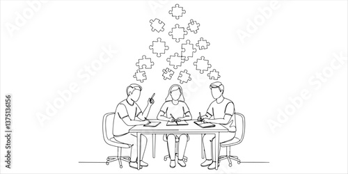people at a desk discussing with puzzle pieces above their heads continuous single line art drawing sketch on white background