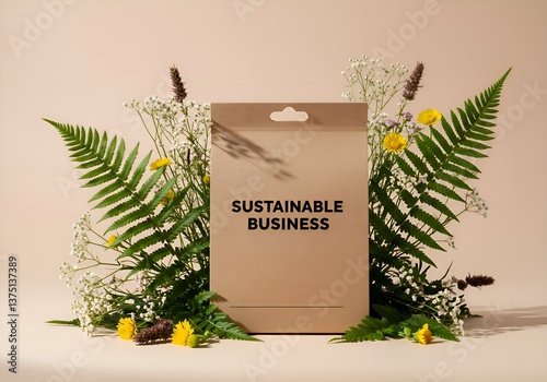 Eco-friendly brand packaging with recycled materials, plants, and 'Sustainable Business' tagline