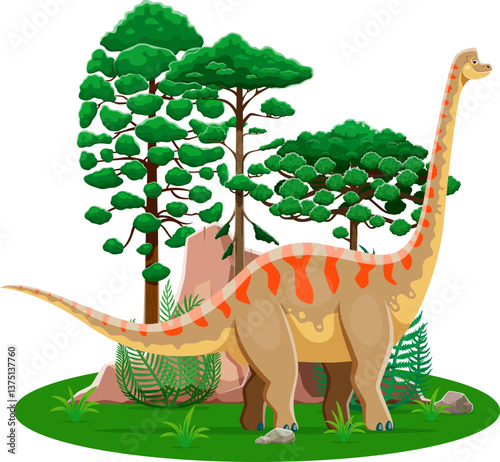 Brachiosaurus prehistoric dinosaur cartoon character. Isolated vector ancient herbivore sauropod reptile animal in natural environment with rock, trees and ferns. Late Jurassic paleontology era lizard