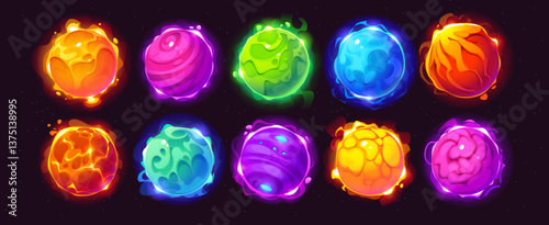 Cartoon glowing alien space planets for galaxy game assets, vector fantastic planets. Alien space worlds or glowing planets with craters of lava or ice and fire in starry sky for cosmic galaxy game