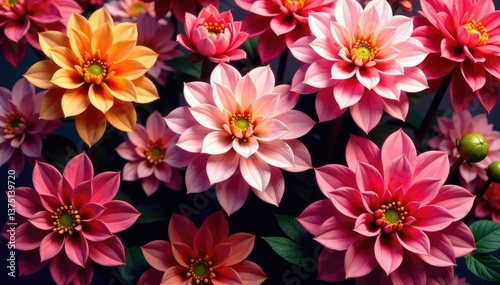 Bold dahlia blossoms, geometric arrangement, rich hues , bold, art, arrangement