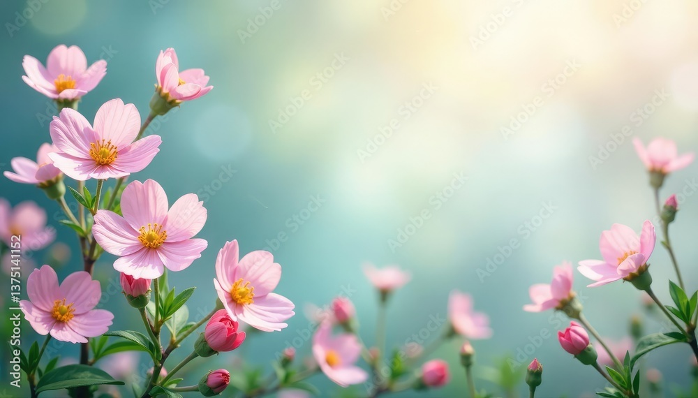 Fototapeta premium Delicate wildflowers & vines, pastel palette, soft focus, background, botanical