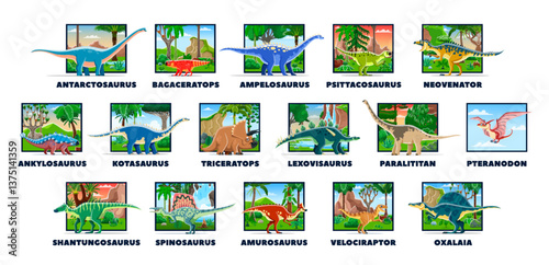 Cartoon prehistoric dinosaurs and Jurassic lizards with species names, vector collection for kids. Prehistoric dinosaurs in forest, Mesozoic, Cretaceous and Triassic era giant reptiles and lizards
