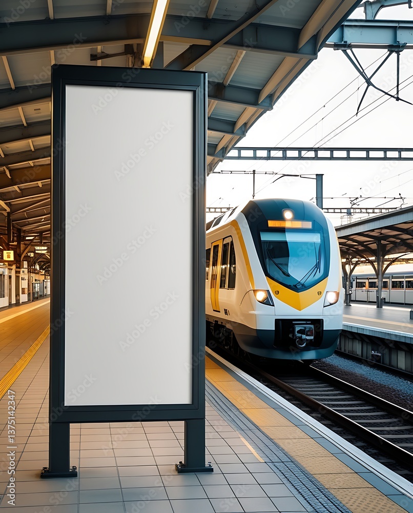 Modern train station platform with a blank vertical advertising billboard and a high-speed train in motion, ideal for urban transportation, travel, and commercial ad placement
Modern train station platform with a blank vertical advertising billboard and a high-speed train in motion, ideal for urban transportation, travel, and commercial ad placement