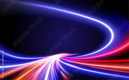 Neon light trails in red, white, and blue, digital design.  Dynamic curved lines, dark blue background.  Modern abstract graphic, vibrant color effect.