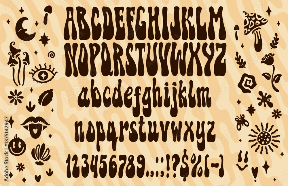 Groovy psychedelic font, retro hippy trippy type, 60s typeface, vintage english alphabet vector typography set. Funky psychedelic font abc letters and numbers, hippie mushroom, flower and sun symbols