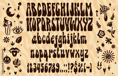 Groovy psychedelic font, retro hippy trippy type, 60s typeface, vintage english alphabet vector typography set. Funky psychedelic font abc letters and numbers, hippie mushroom, flower and sun symbols