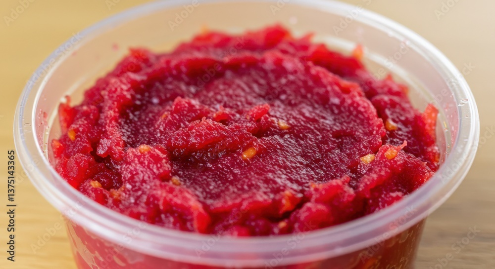A Close-Up View of Bright Red Tomato Paste in a Clear Plastic Container on a Wooden Surface A Close-Up View of Bright Red Tomato Paste in a Clear Plastic Container on a Wooden Surface