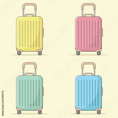 Set of travel bags in yellow, green, red and blue colours. Suitcase vector illustration.
