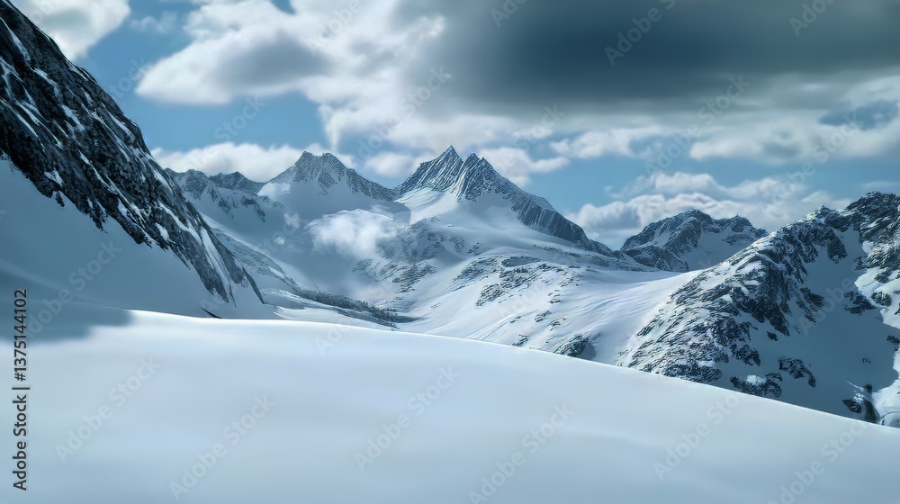 Fototapeta premium Snow-covered mountain peaks under a partially cloudy sky create a majestic winter landscape. Serene and vast.
