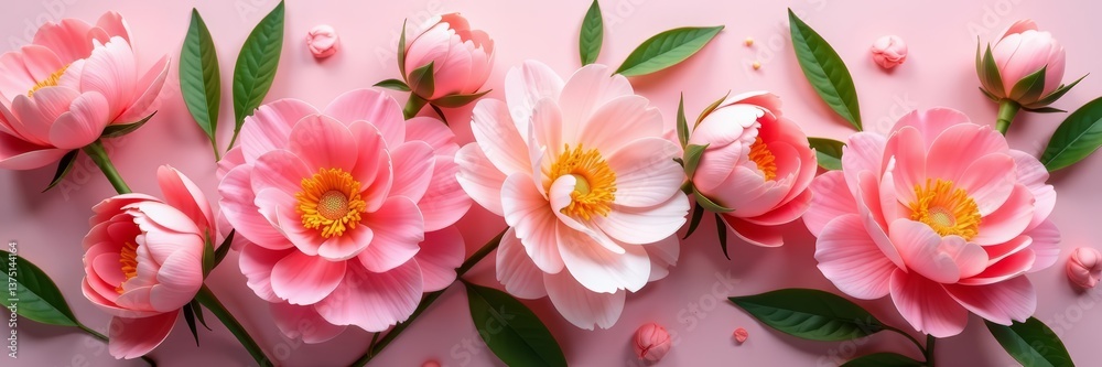 Fototapeta premium Beautiful arrangement of pastel coral peonies, floral decoration for events or celebrations, peonies, flowers, coral